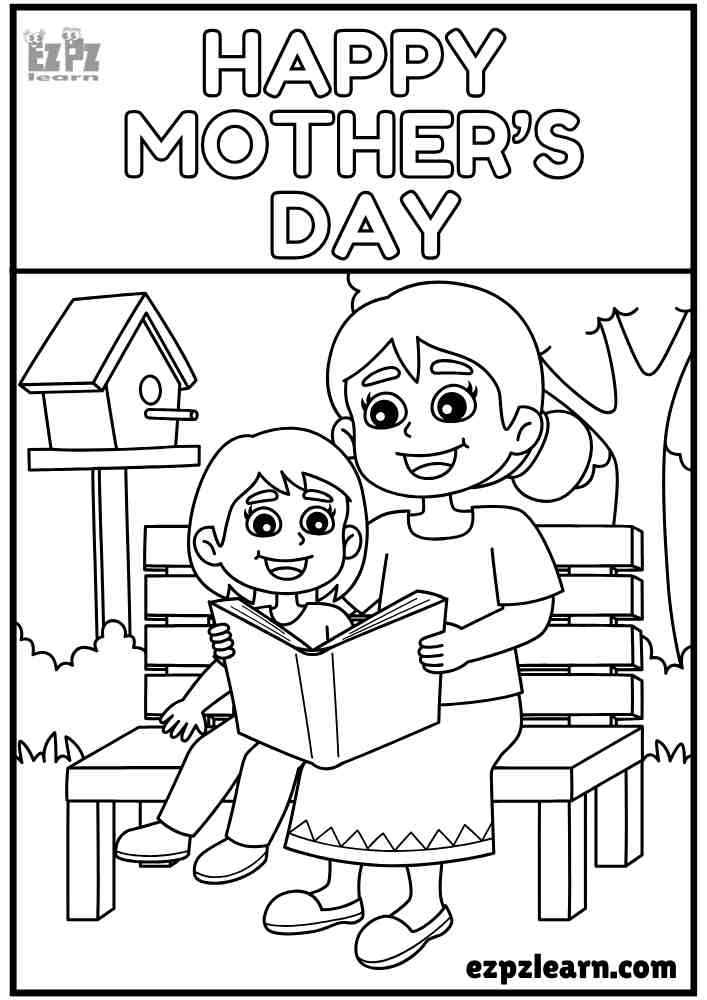 Happy Mother's Day Girl with Mom Reading a Book. Coloring Page (Online or PDF)